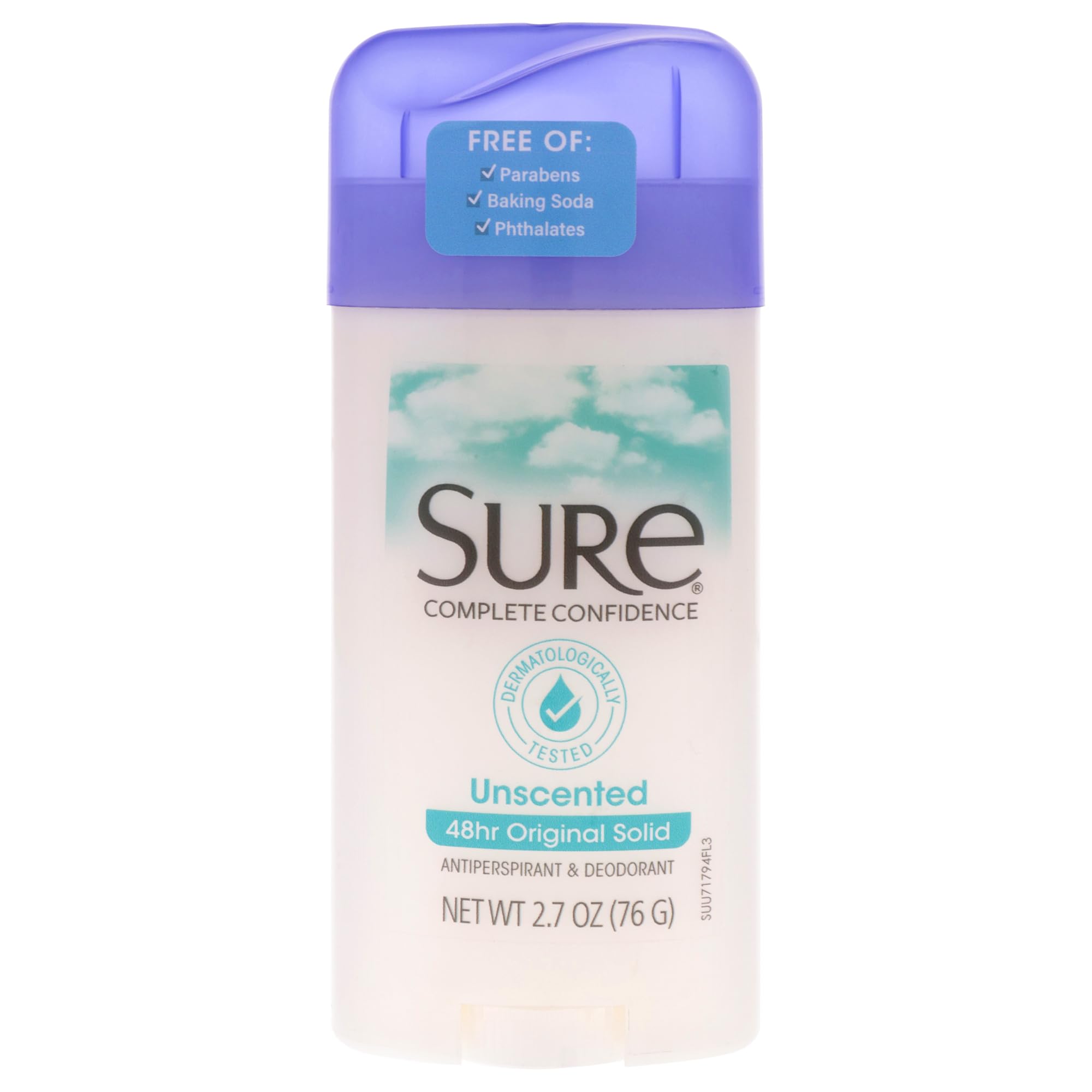 Sure Original Unscented Solid Deodorant front view for fragrance-free protection.