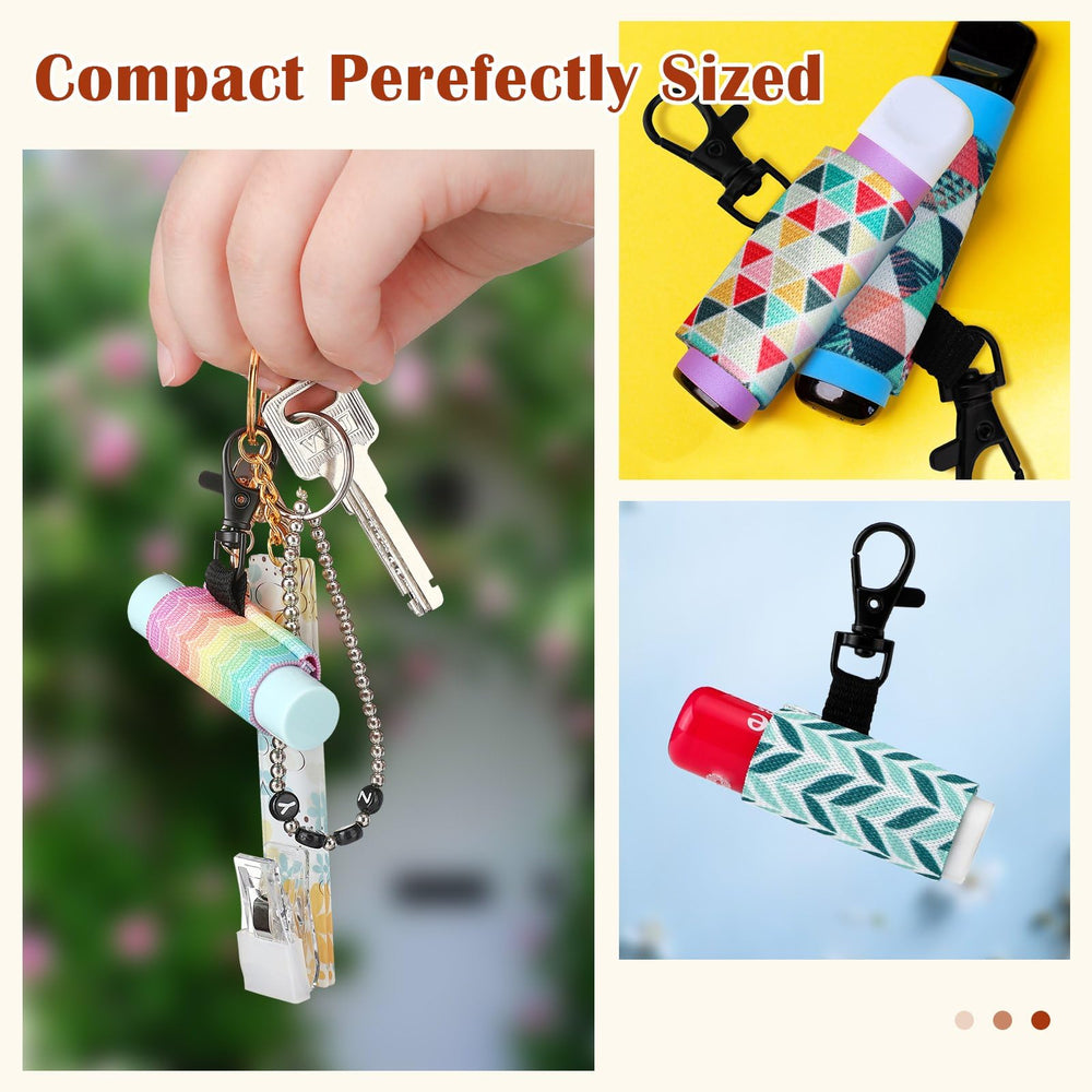 Soft woven elastic material shown stretching to fit various lip balms