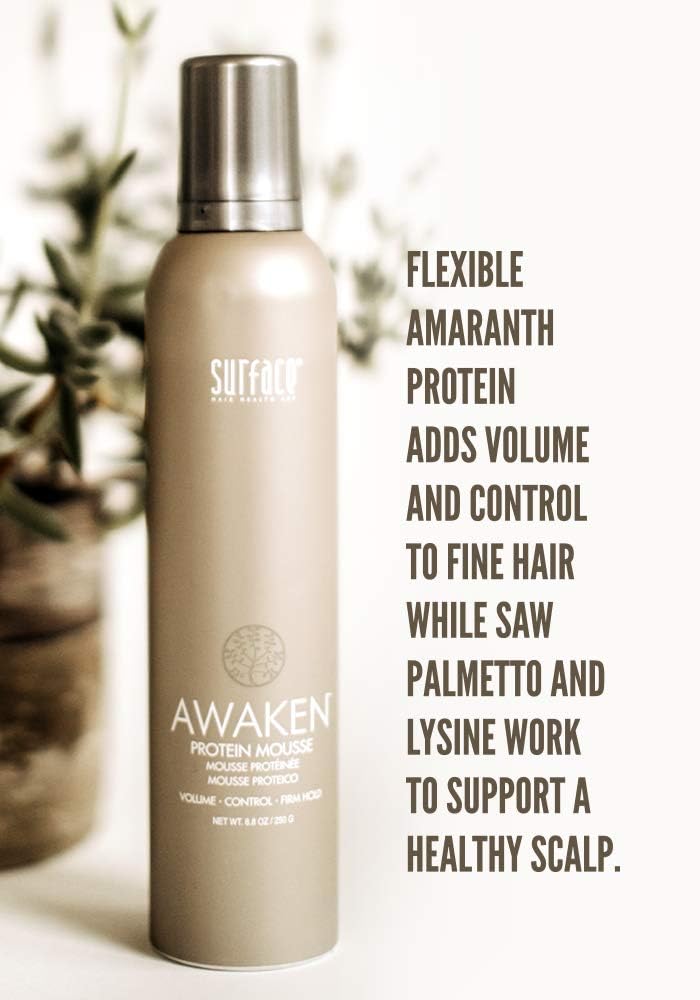 Surface Awaken Mousse label close-up highlights color-safe formula