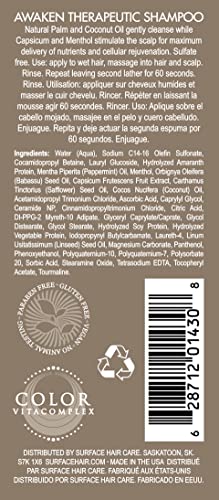 Surface Awaken Therapeutic Shampoo label highlights natural ingredients and menthol benefits.