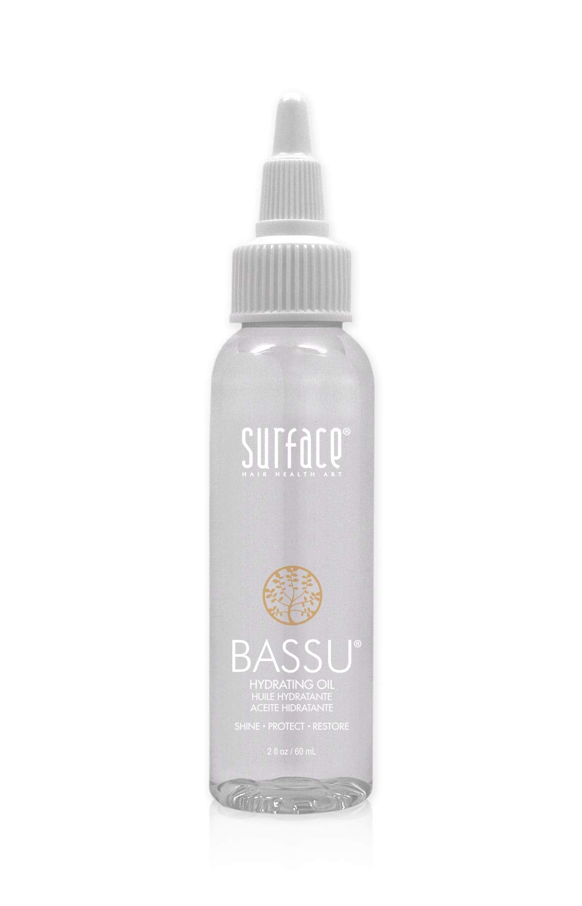 Surface Bassu Hydrating Oil bottle close-up showing weightless moisture for shiny hair