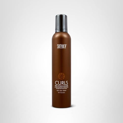 SURFACE packaging for Curls Firm Mousse reflects eco-conscious brand values.