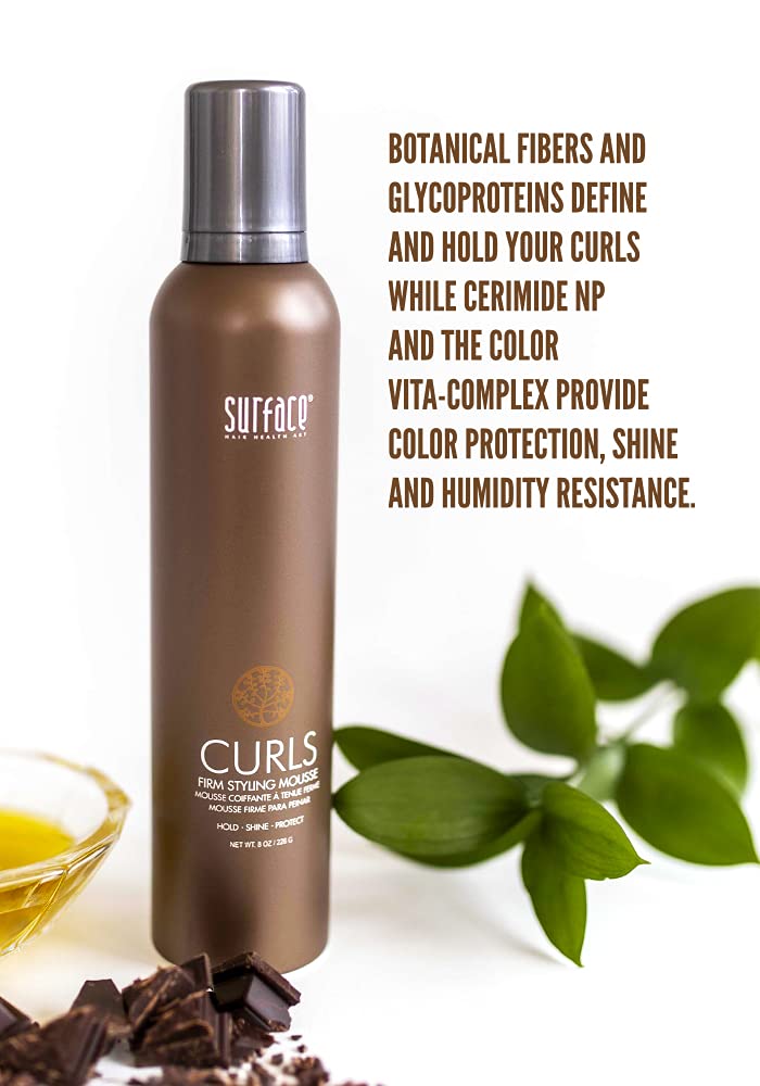 SURFACE Curls Firm Mousse texture swatch highlights smooth coating on locking curls.