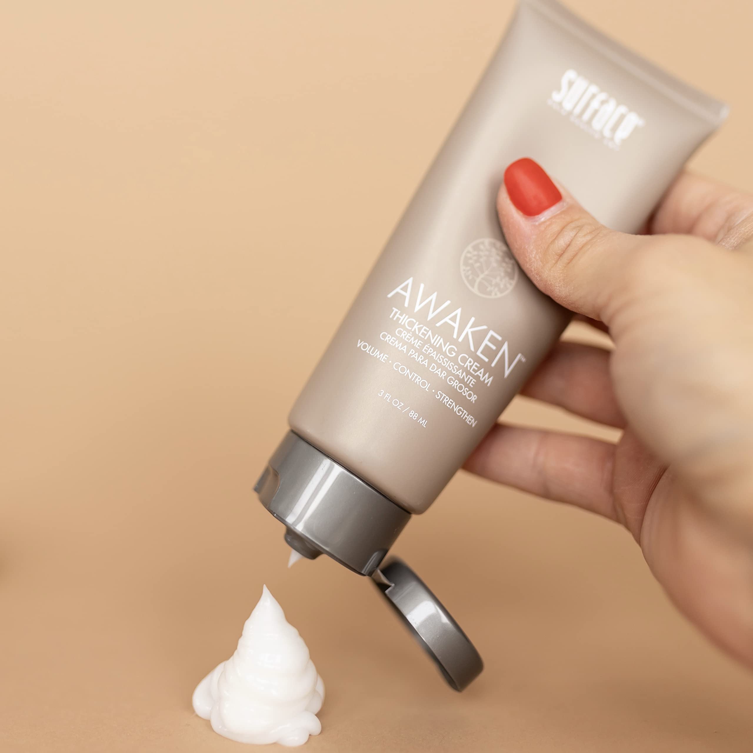 Close-up of SURFACE Hair Awaken Thickening Cream texture on hair