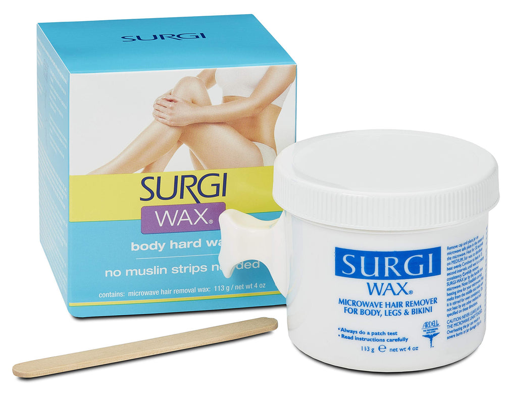 Surgiwax microwave hard wax bottle closeup for efficient at-home hair removal.