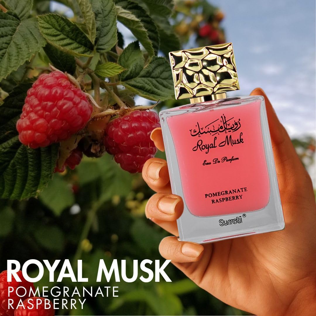 Minimalist packaging close-up for Surrati Royal Musk Pomegranate Raspberry EDP