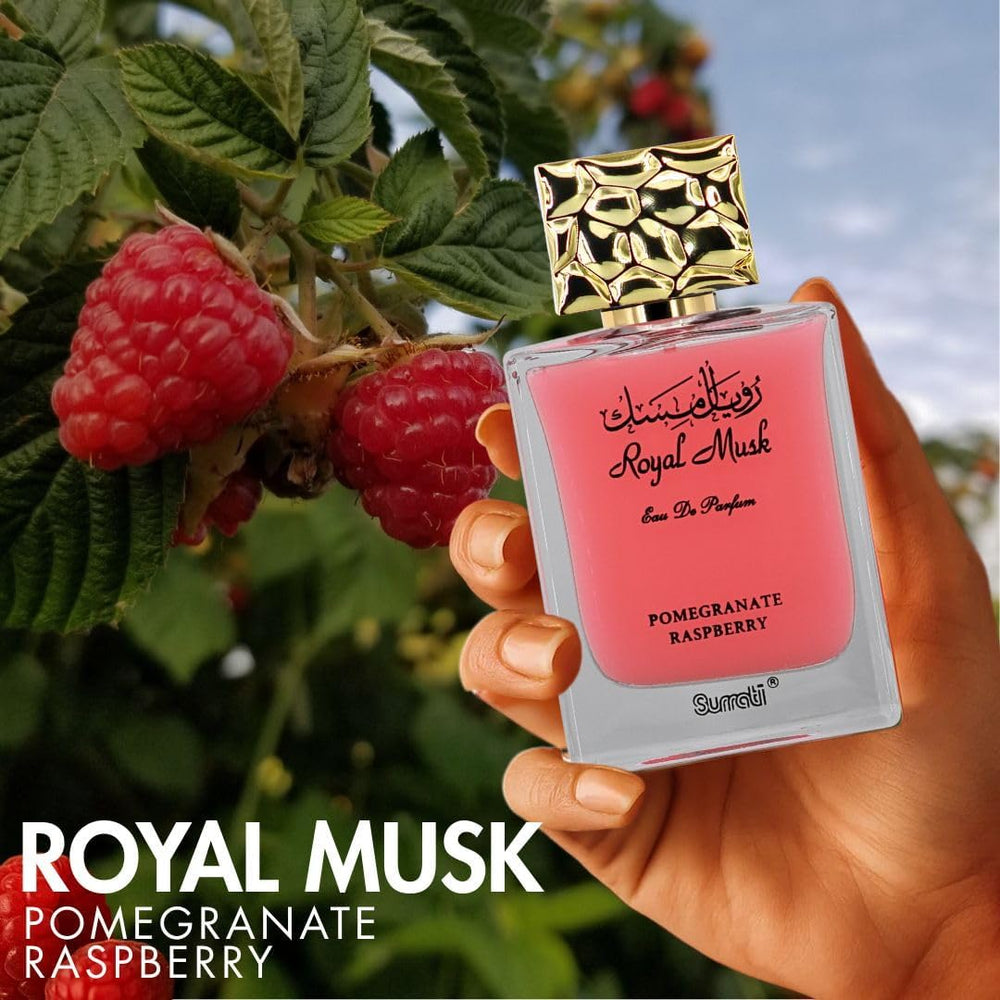 Minimalist packaging close-up for Surrati Royal Musk Pomegranate Raspberry EDP