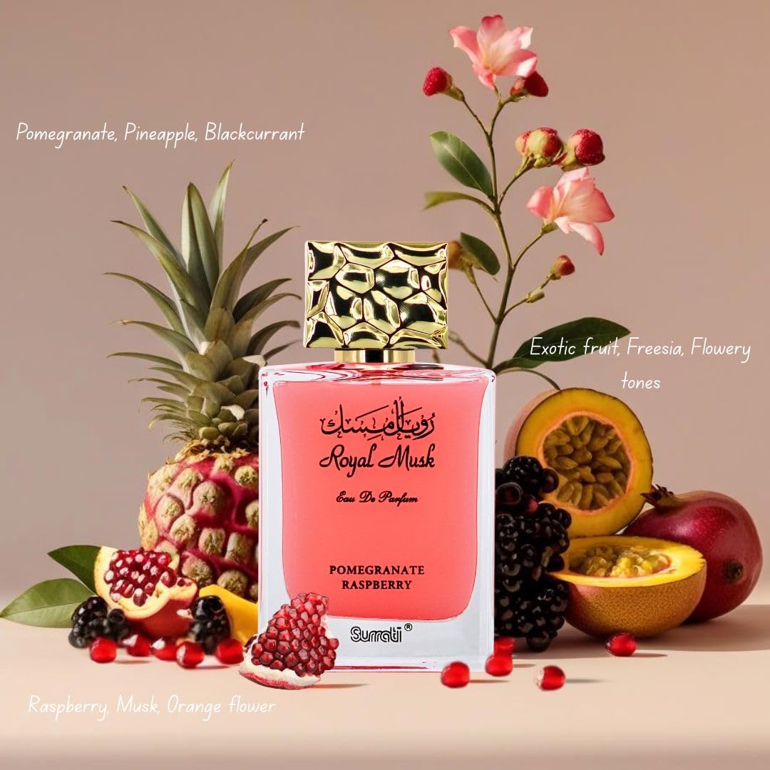 Front label of Surrati Royal Musk Pomegranate Raspberry EDP showing premium branding