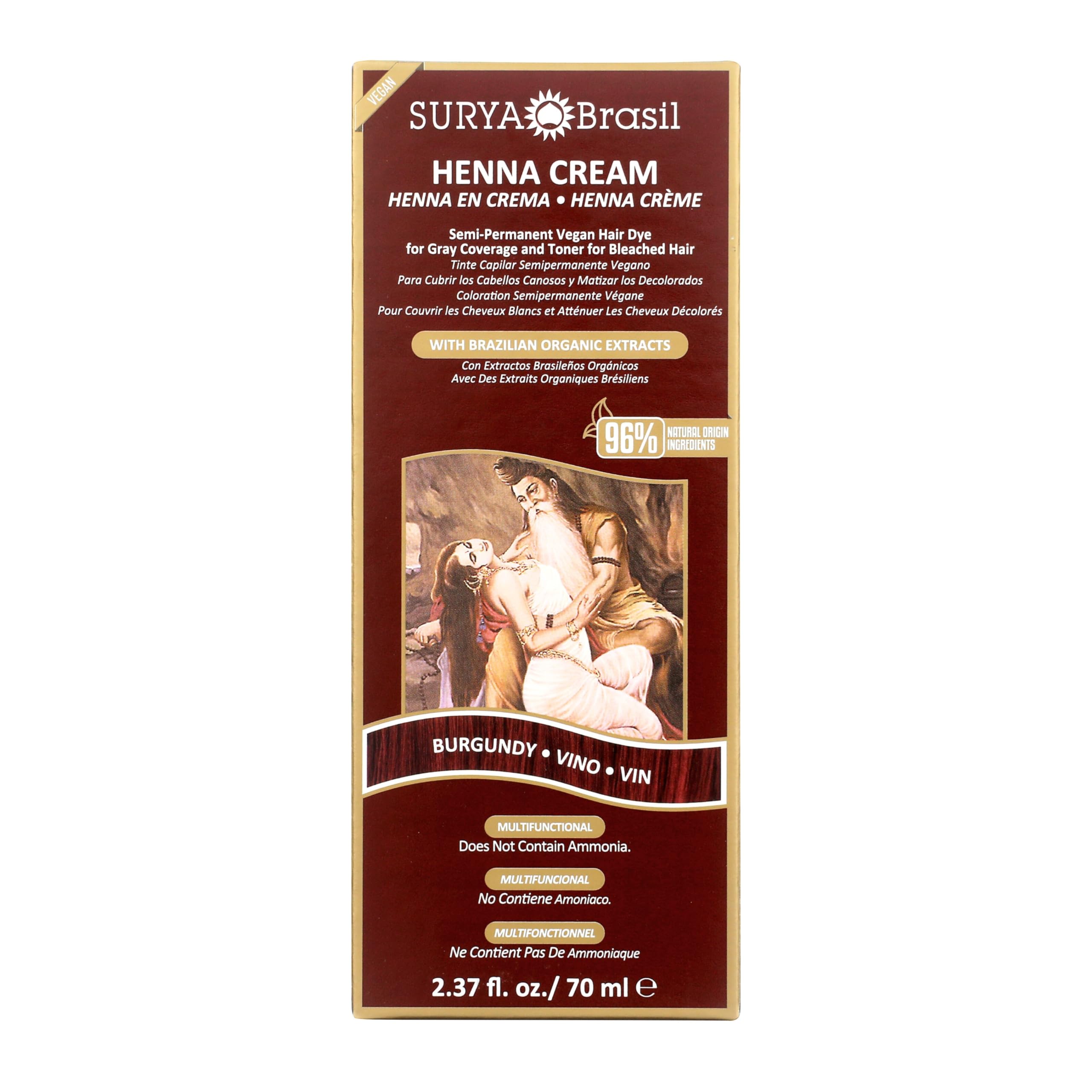 Surya Brasil Henna Cream Burgundy box showcases natural color and eco-friendly packaging.