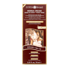Surya Brasil Henna Cream Burgundy box showcases natural color and eco-friendly packaging.