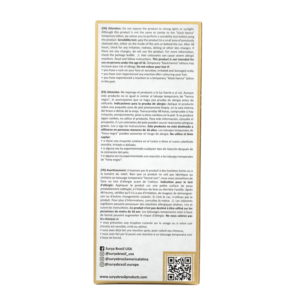 Surya Brasil Henna Cream Burgundy ingredients panel emphasizes natural formulation.