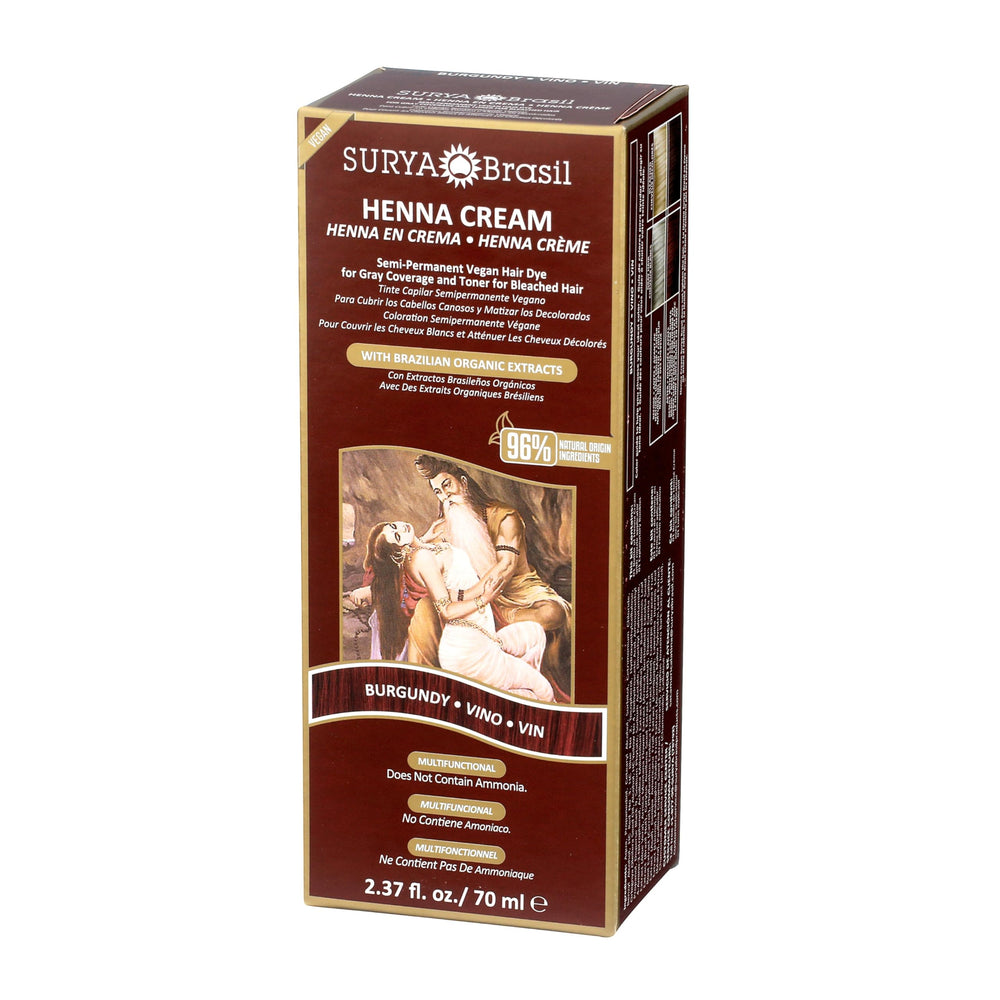 Surya Brasil Henna Cream Burgundy label details highlight ingredients.