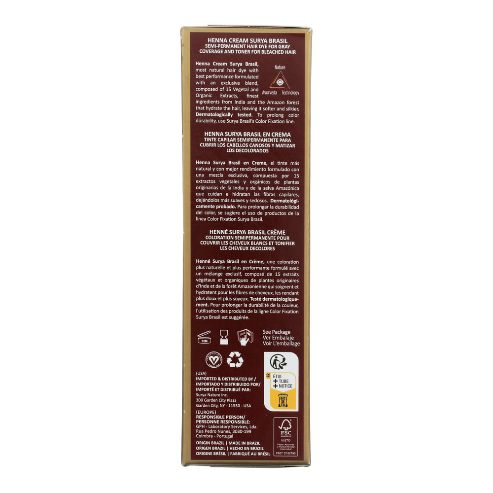 Surya Brasil Henna Cream Chocolate applied to hair for natural color deposit.
