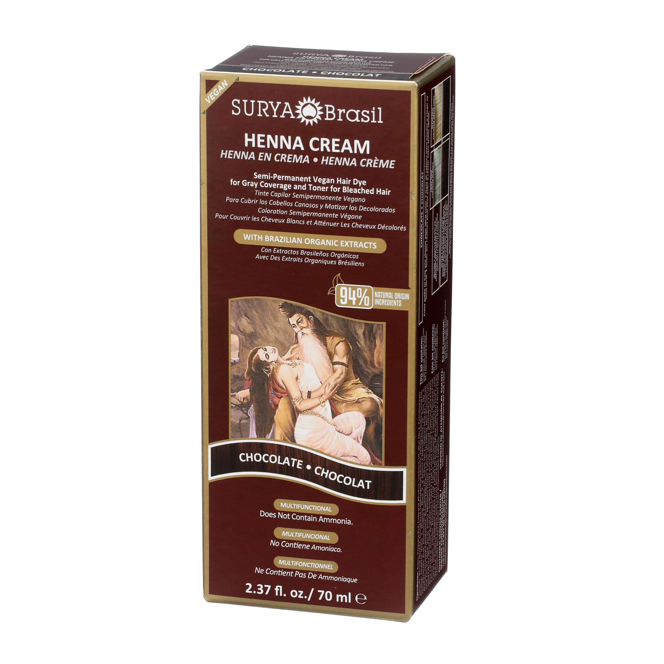 Surya Brasil Henna Cream Chocolate ingredients include henna, amla, aloe vera, Brazil nut oil.