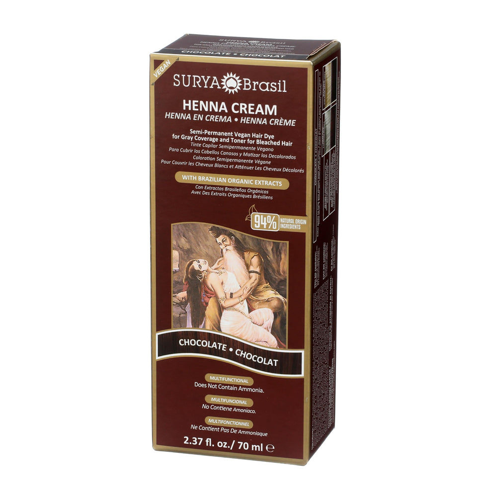 Surya Brasil Henna Cream Chocolate ingredients include henna, amla, aloe vera, Brazil nut oil.