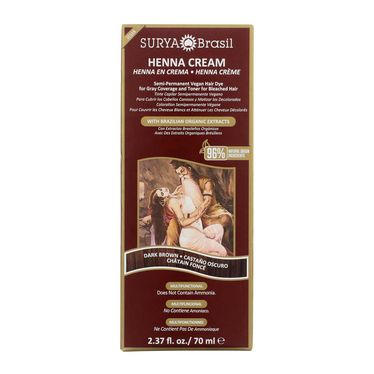 Surya Brasil Henna Cream Dark Brown box—cruelty-free color option with natural finish.