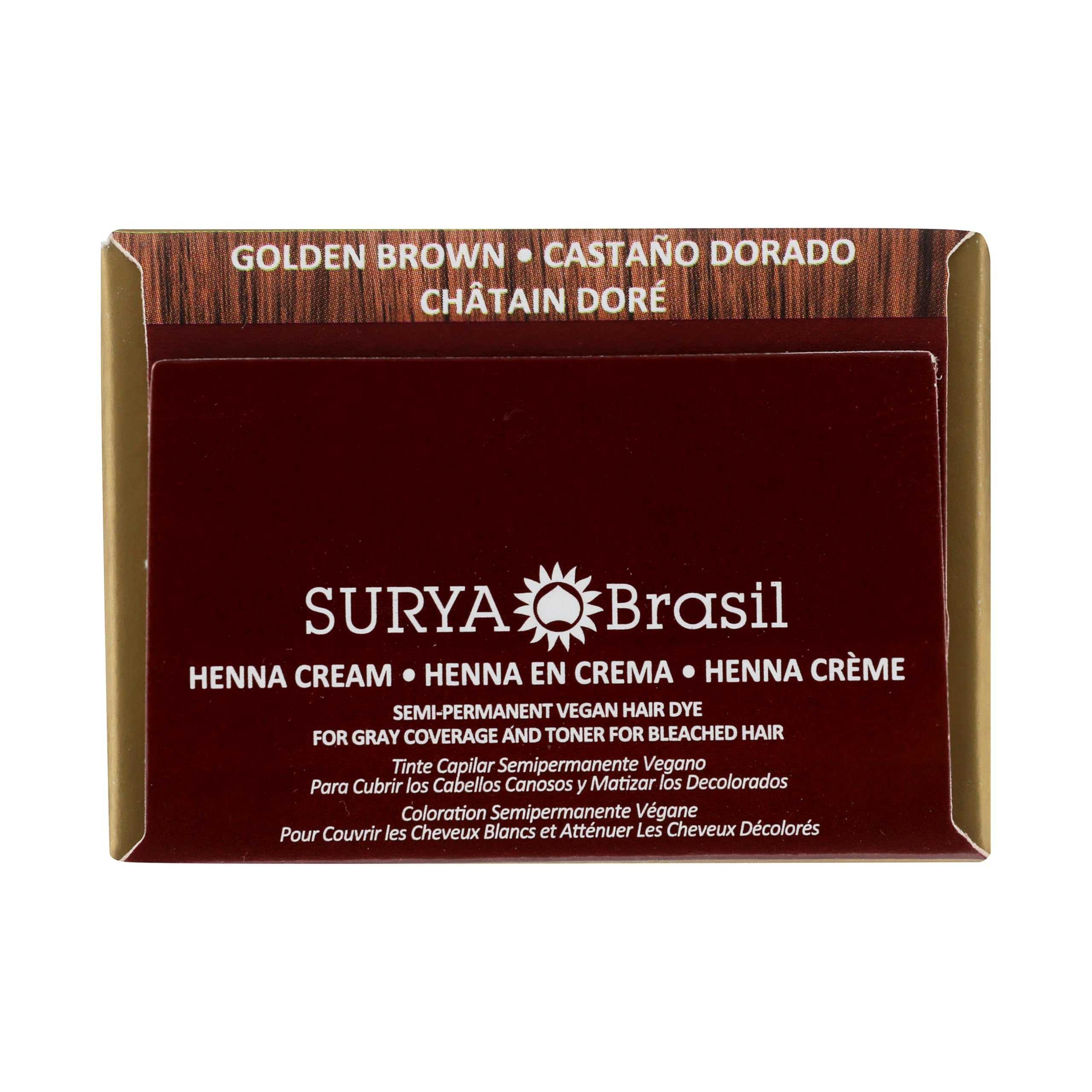 Final golden brown result from Surya Brasil Henna Cream on hair