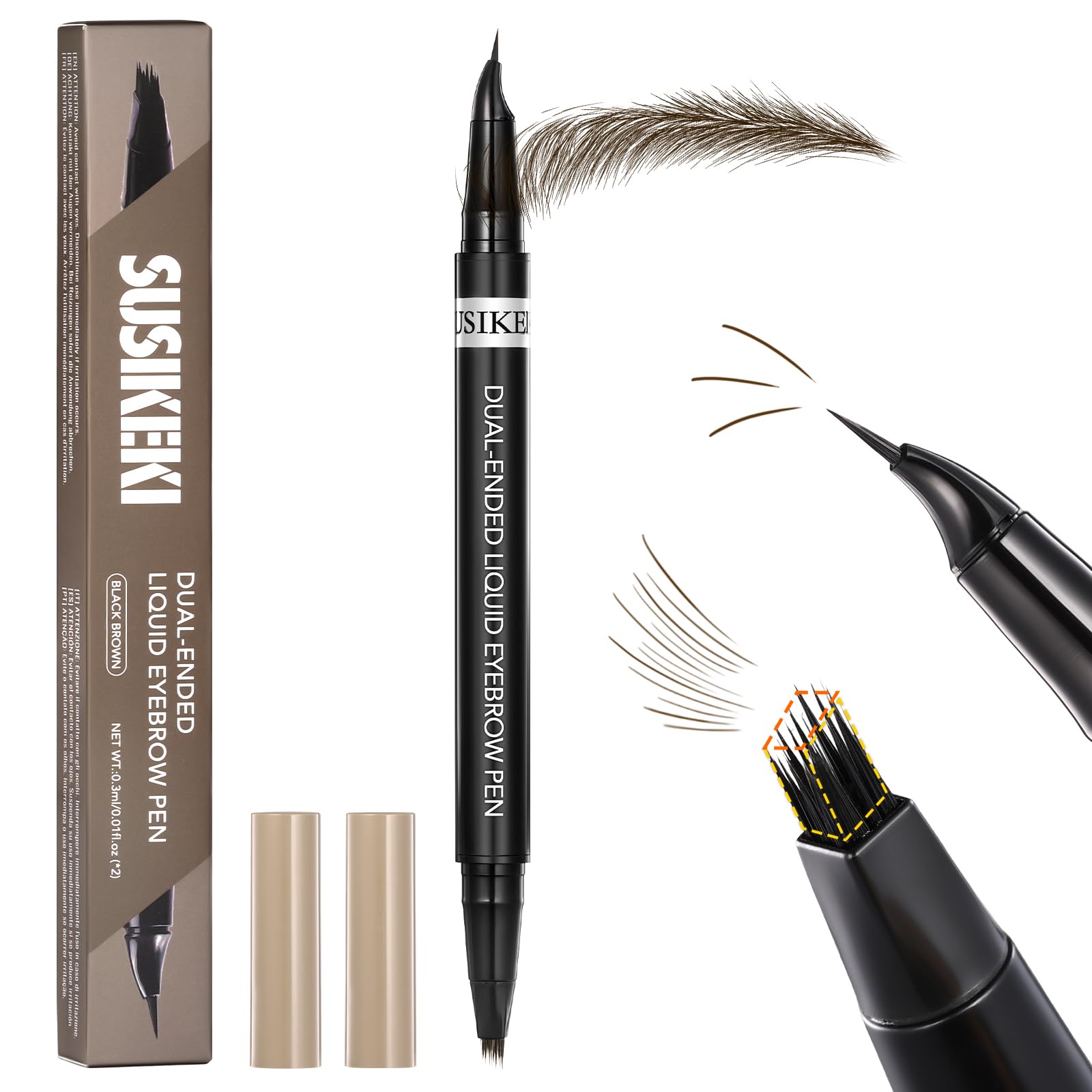SUSIKEKI pen doble punta con brocha 4D para trazos realistas de cejas.