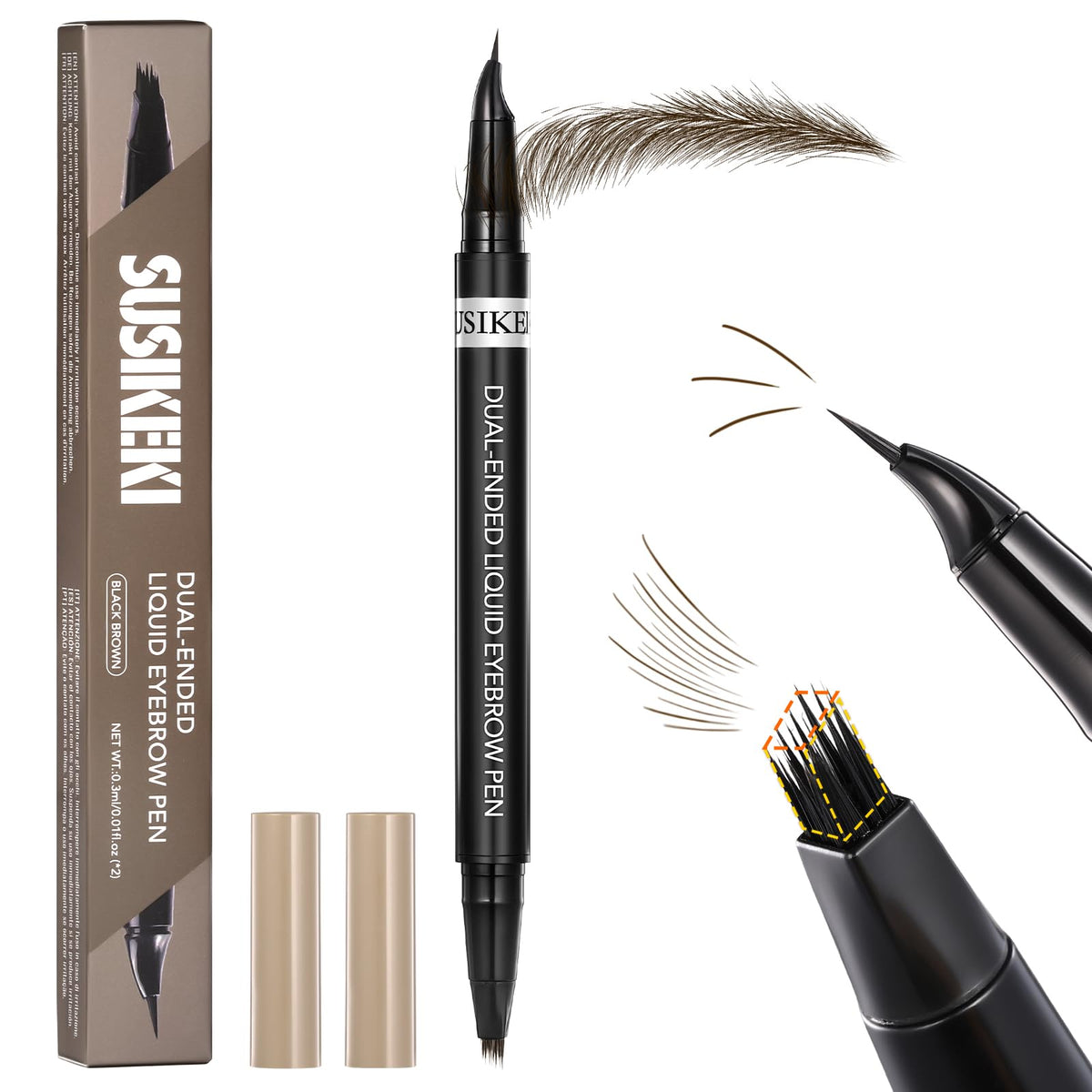 SUSIKEKI pen doble punta con brocha 4D para trazos realistas de cejas.
