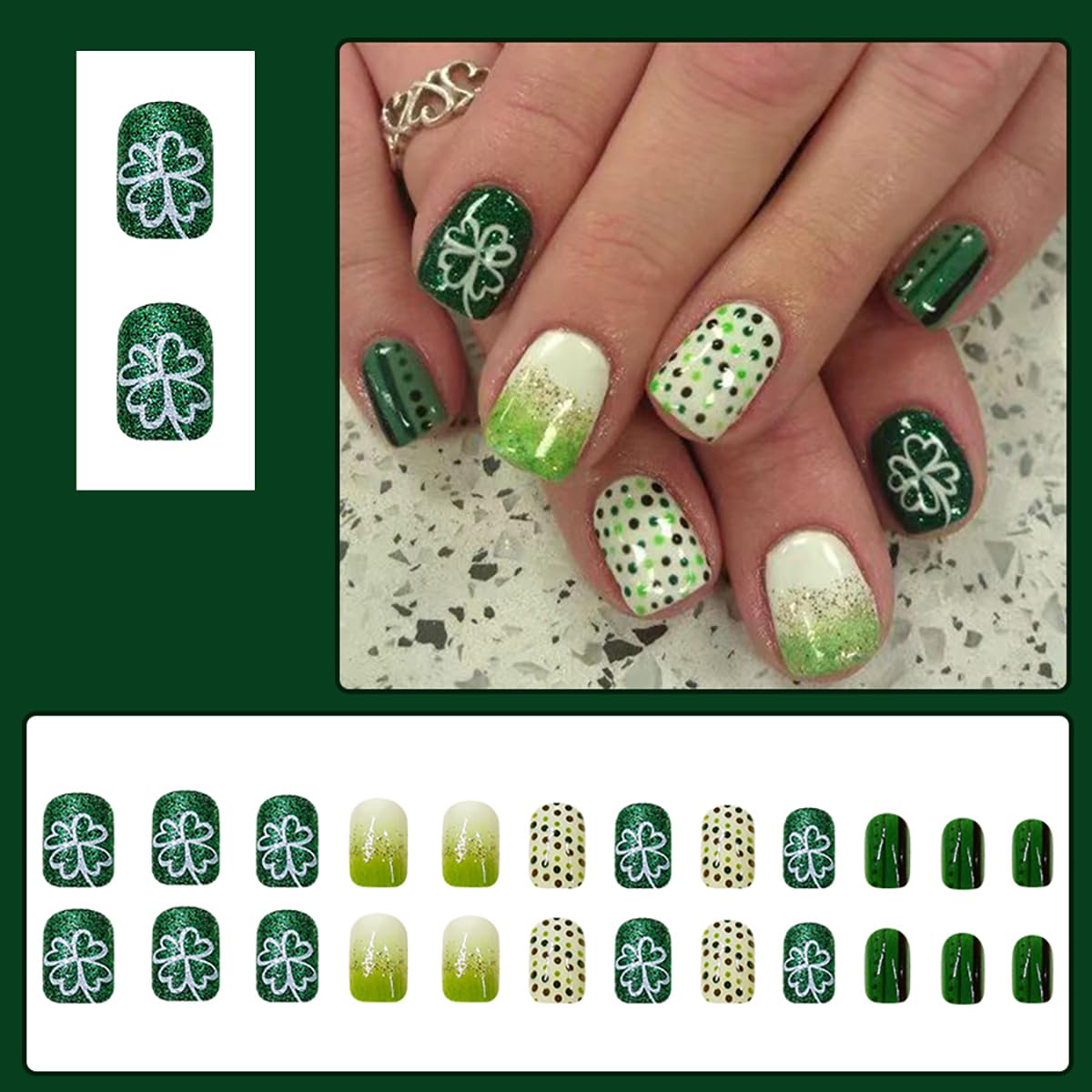Uñas Sutaozhi San Patricio Frances con trébol verde, diseño elegante para ocasiones.