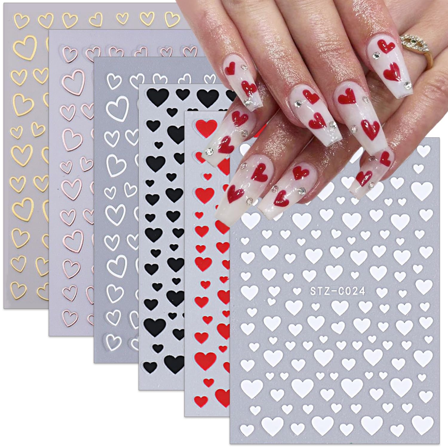 Pegatinas Sutaozhi Corazones 3D rojos y negros para uñas, estilo festivo.