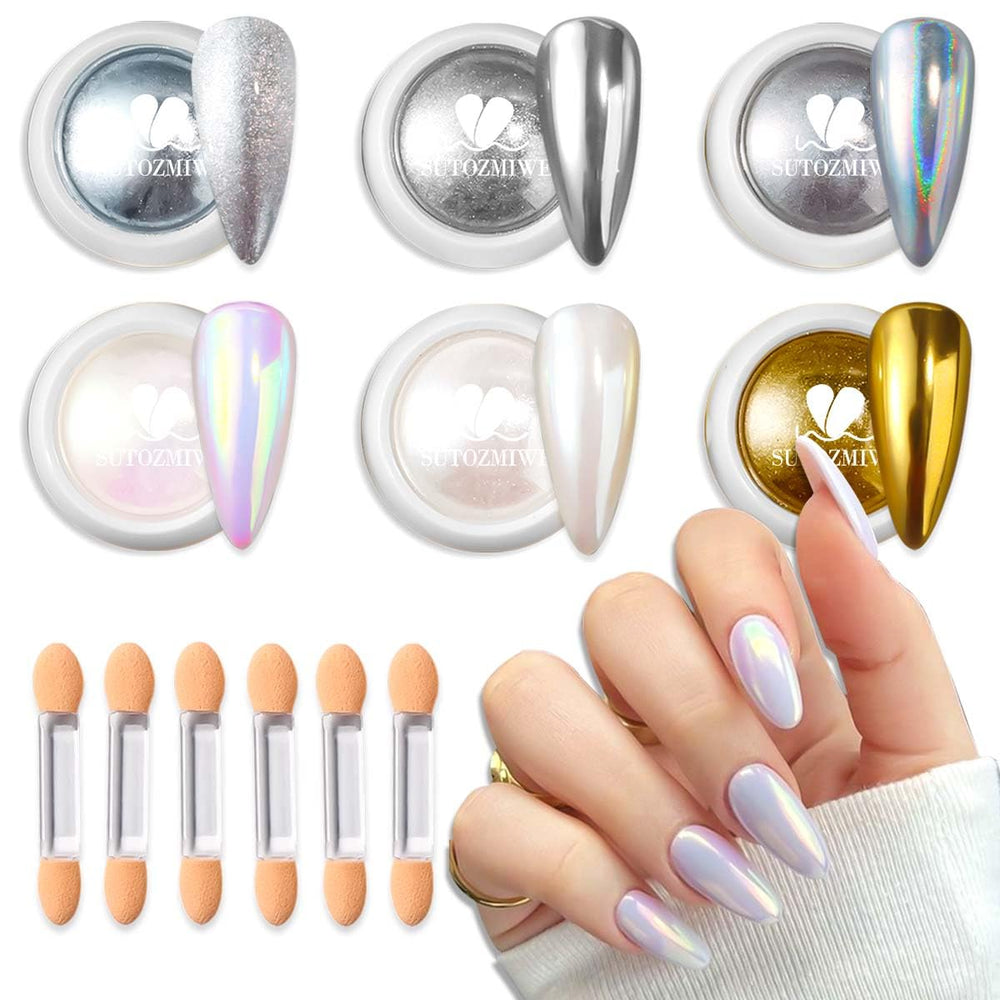 SUTOZMIWE chrome nail powder palette with six metallic finishes for gel nails