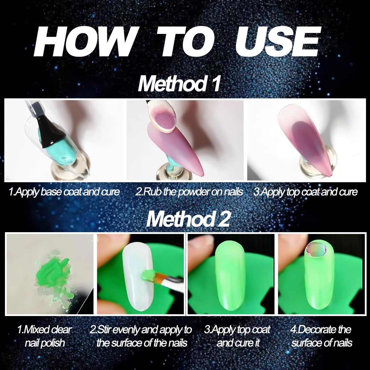 Polvo luminoso multicolor de SUTOZMIWE para uñas, colores cambian según la luz.