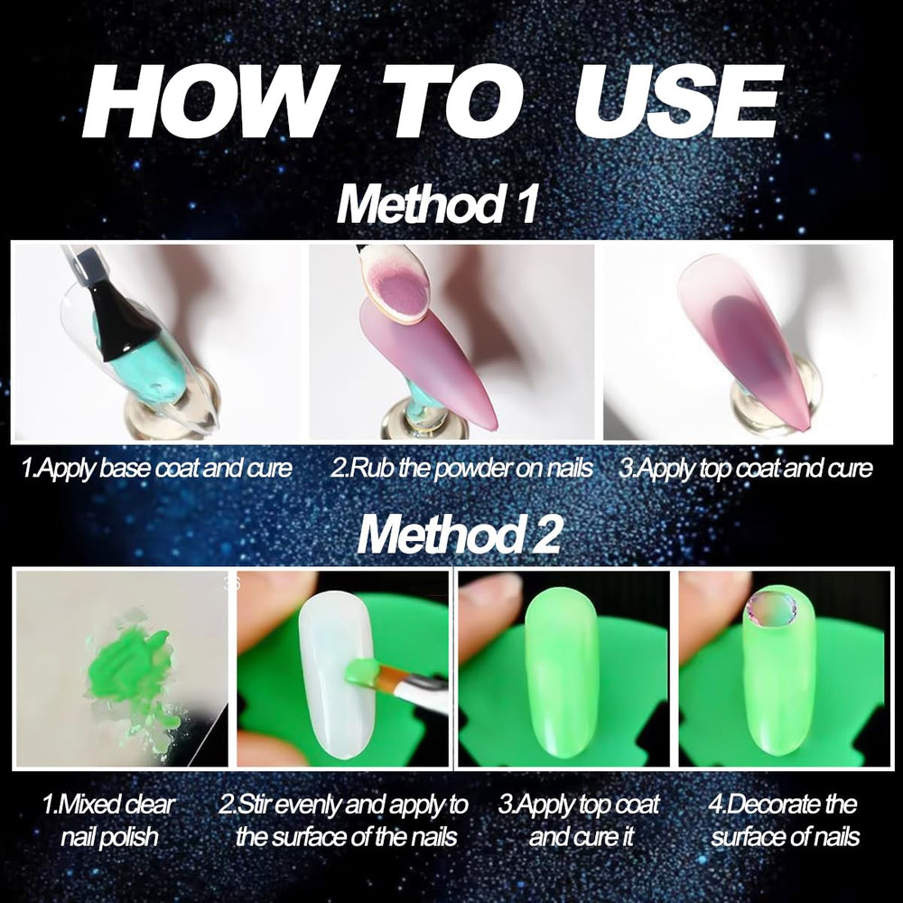 Polvo luminoso multicolor de SUTOZMIWE para uñas, colores cambian según la luz.