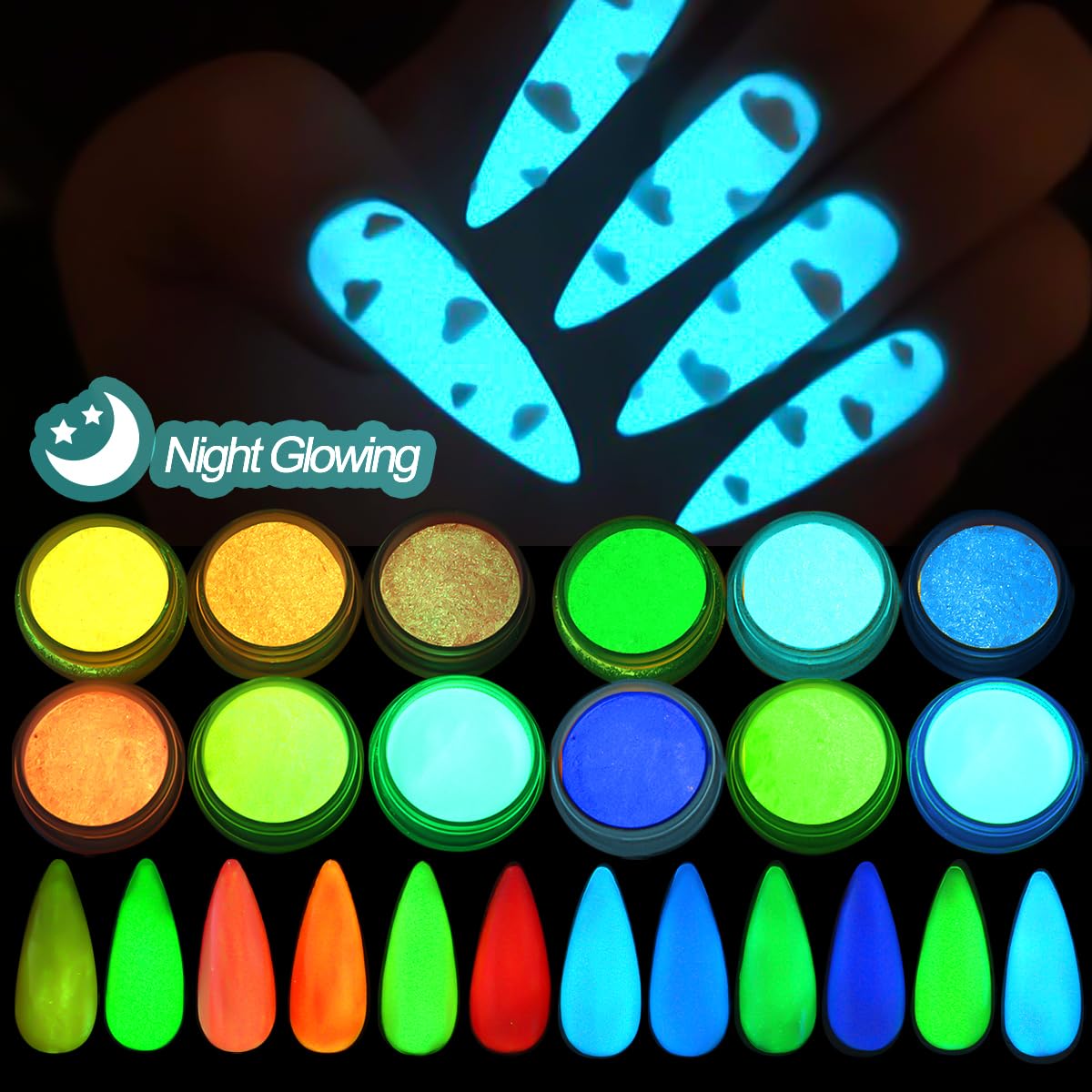 Polvo luminoso verde de SUTOZMIWE para uñas, efecto fluorescente duradero.