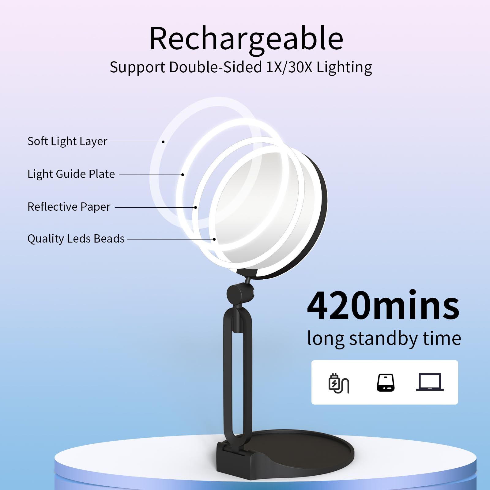 Suupvaor rechargeable Type-C mirror with long-lasting power.