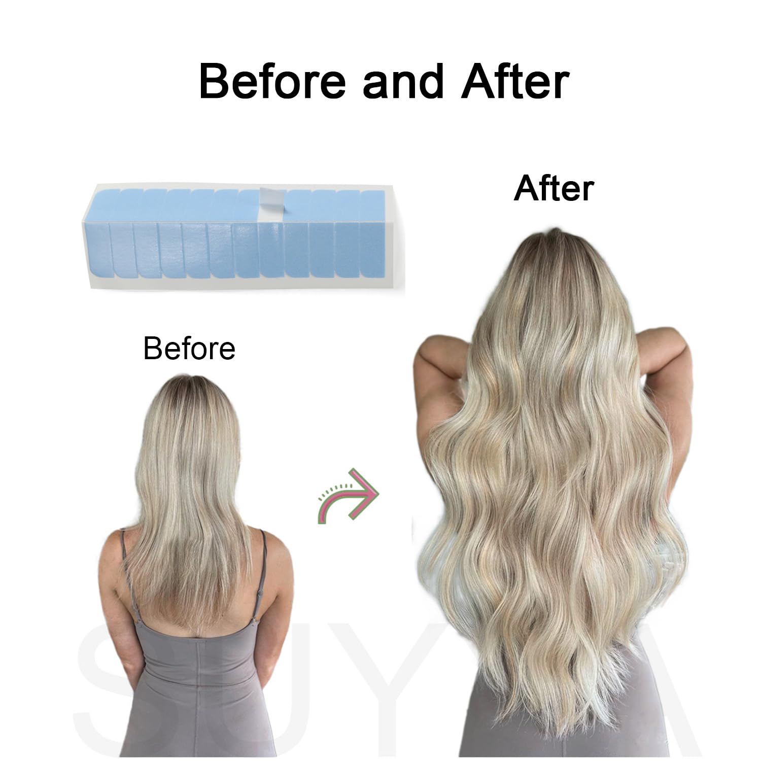 SUYYA blue extension tape tabs measuring 4cm by 0.8cm for most extensions