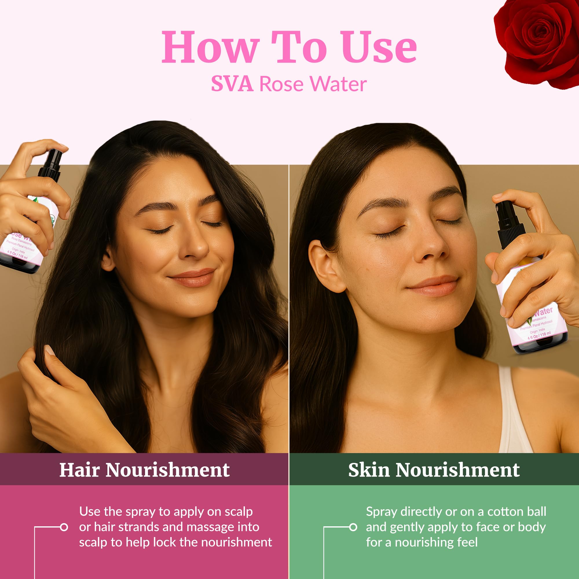 SVA ORGANICS Rose Water room deodorizer mist for a floral ambience.