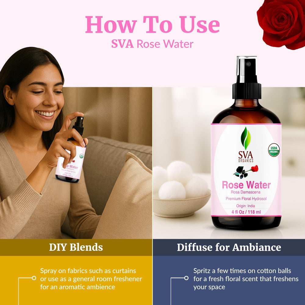 SVA ORGANICS Rose Water added to shampoo for a gentle scent and hydration.
