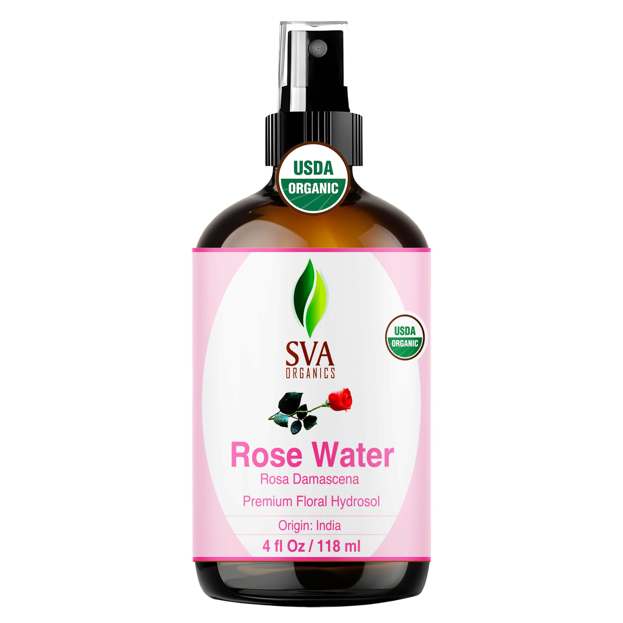 SVA ORGANICS Rose Water spray bottle for refreshing skin hydration and aroma.