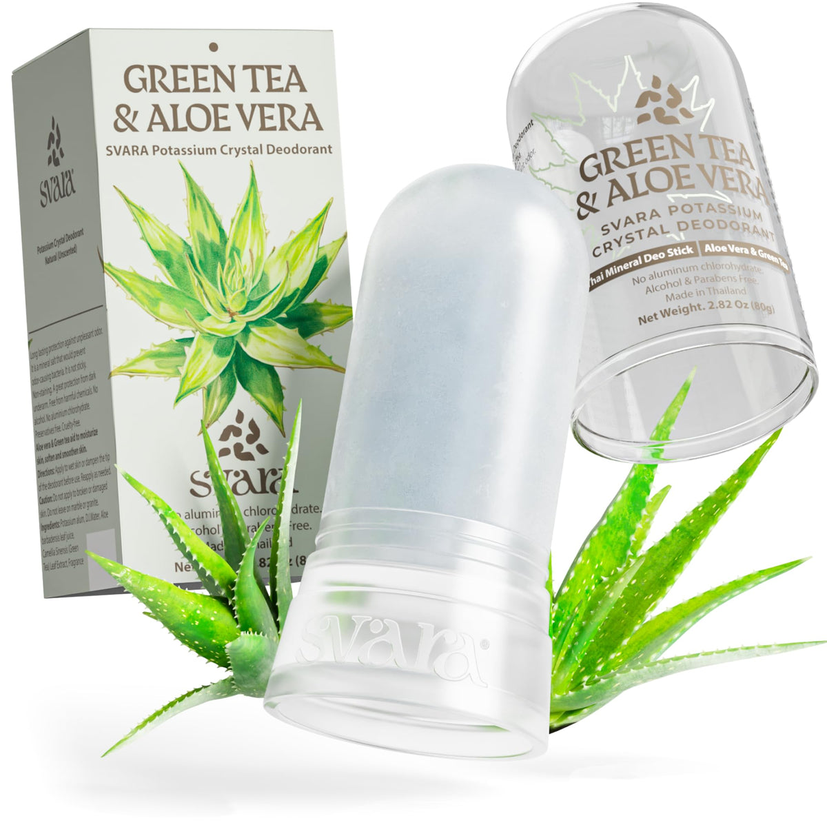 SVARA alumbre natural desodorante cristal baston frente, textura suave para uso diario.
