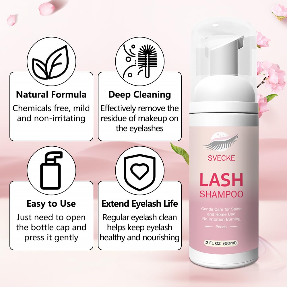 Closeup of SVECKE lash shampoo bottle highlights gentle, paraben-free formula.