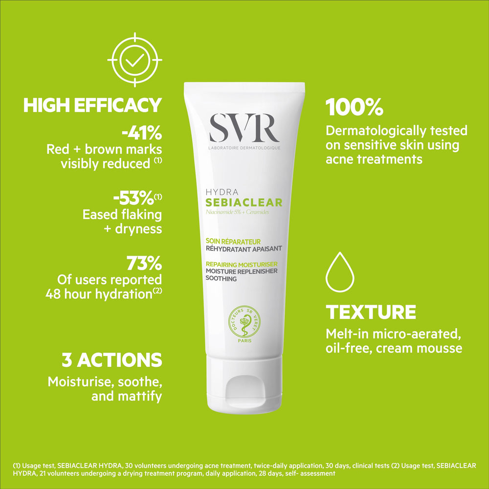 SVR Sebiaclear moisturizing face cream packaging emphasizes travel friendly hydration on the go