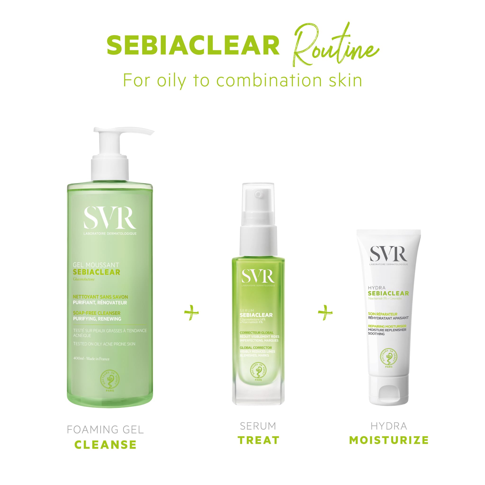 SVR Sebiaclear para rostro y cuerpo, limpieza diaria suave para piel sensible.