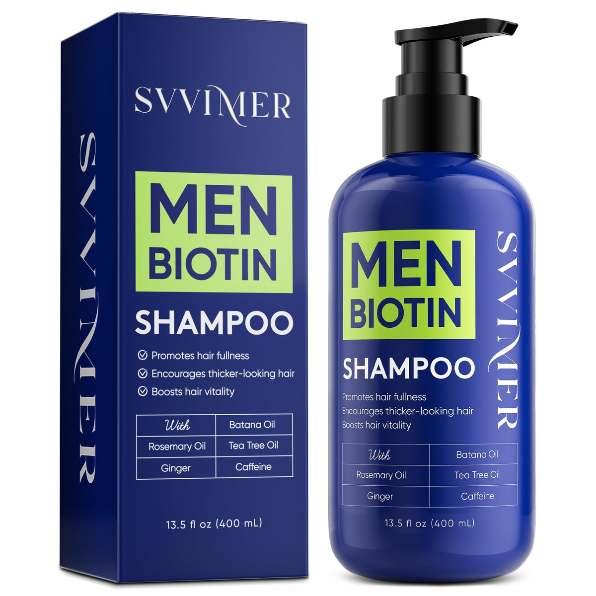 Svvimer Biotín Champú: botella frontal, ideal para uso diario y cuidado del cabello.