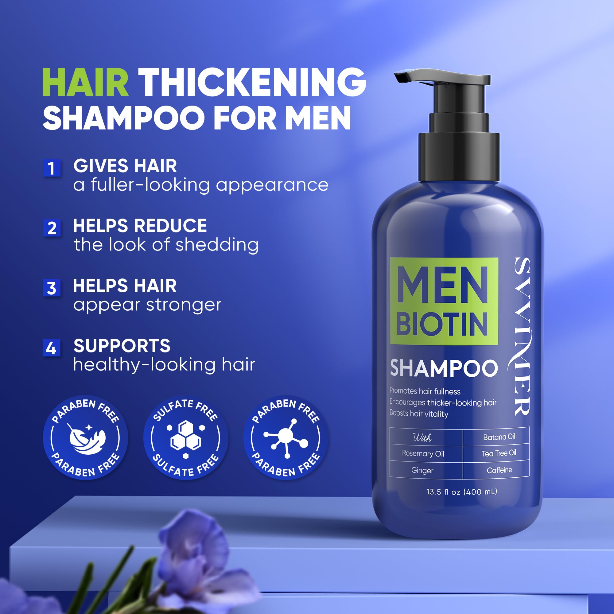 Svvimer champú crecimiento cabello cafeína y romero, fórmula para cabello saludable