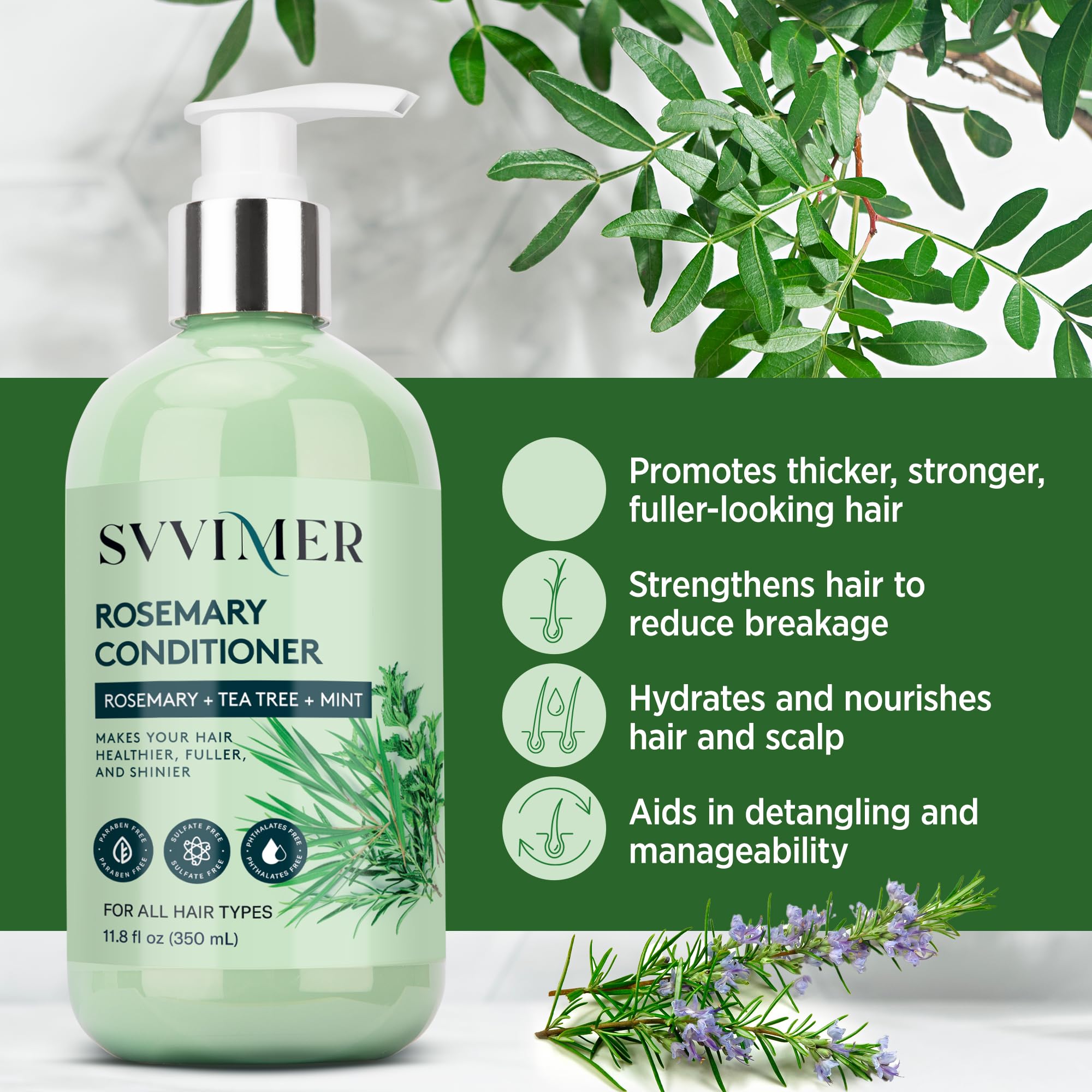 Svvimer Acondicionador Romero, brillo-vitalidad, cabello más saludable y radiante.