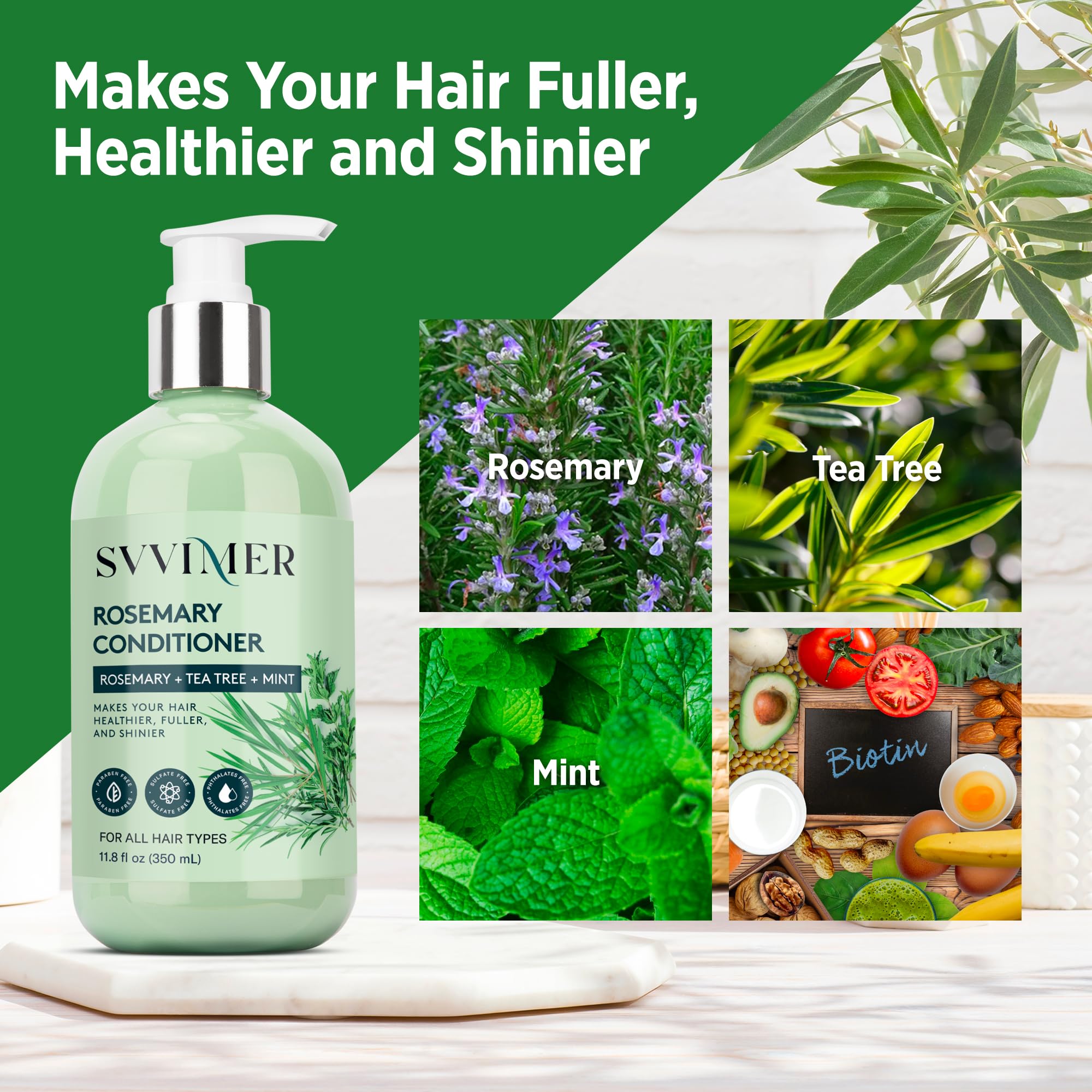 Svvimer Acondicionador Romero, aroma-menta, aplicación fácil y sensorial en la ducha.