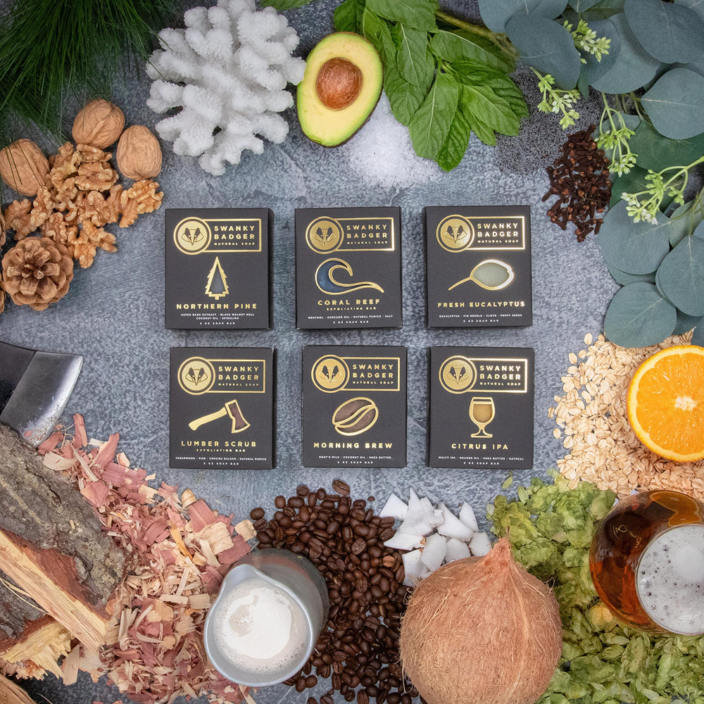 Lifestyle shot of Swanky Badger Northern Pine evokes a pine-scented refreshing routine.