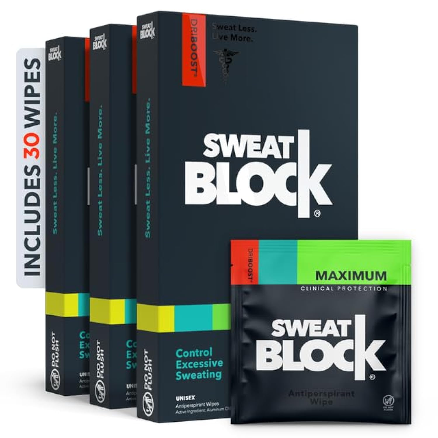SweatBlock antiperspirant wipes bottle shown, offering long-lasting protection and easy daily use