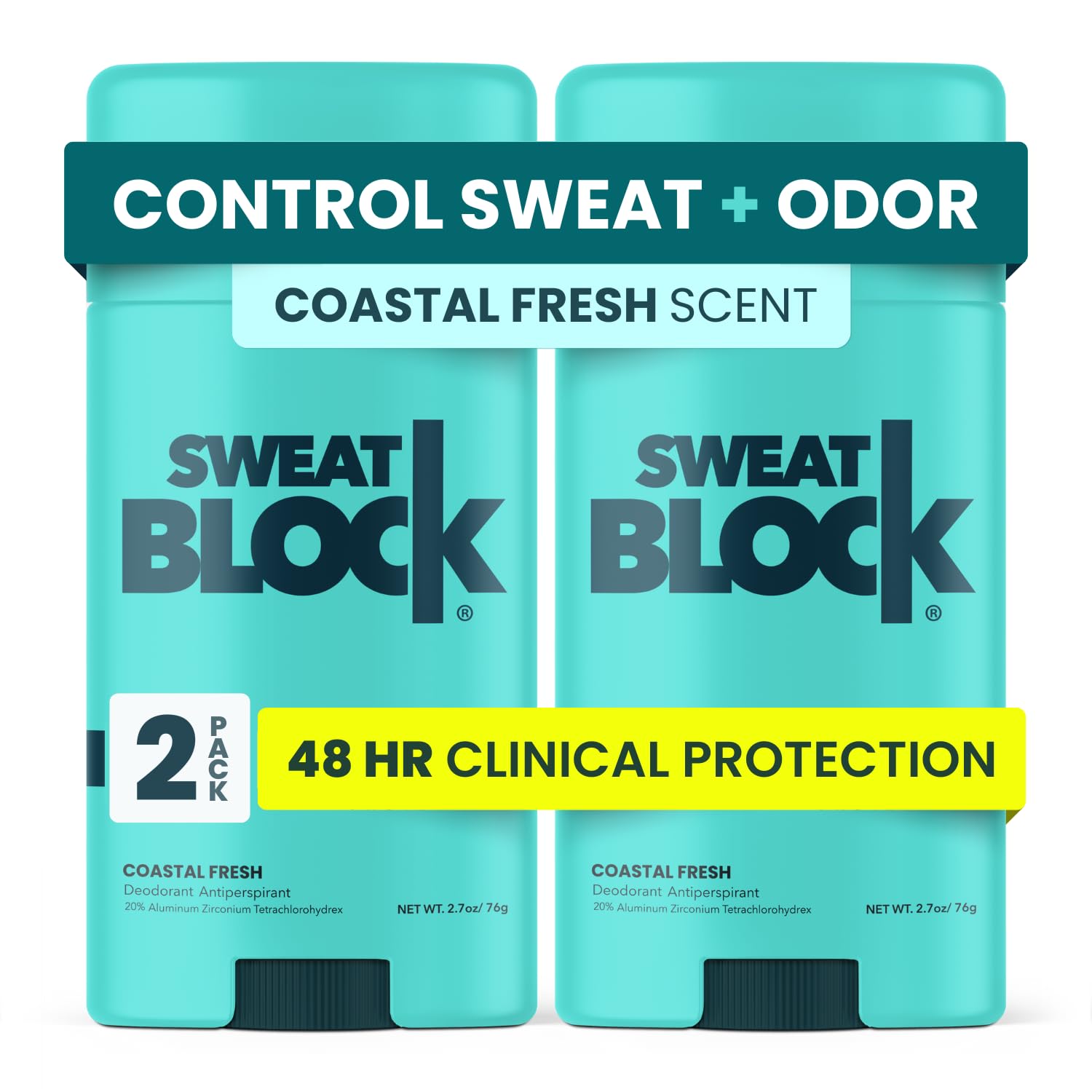 SweatBlock Clinical Strength deodorant bottle for all-day odor and sweat control.