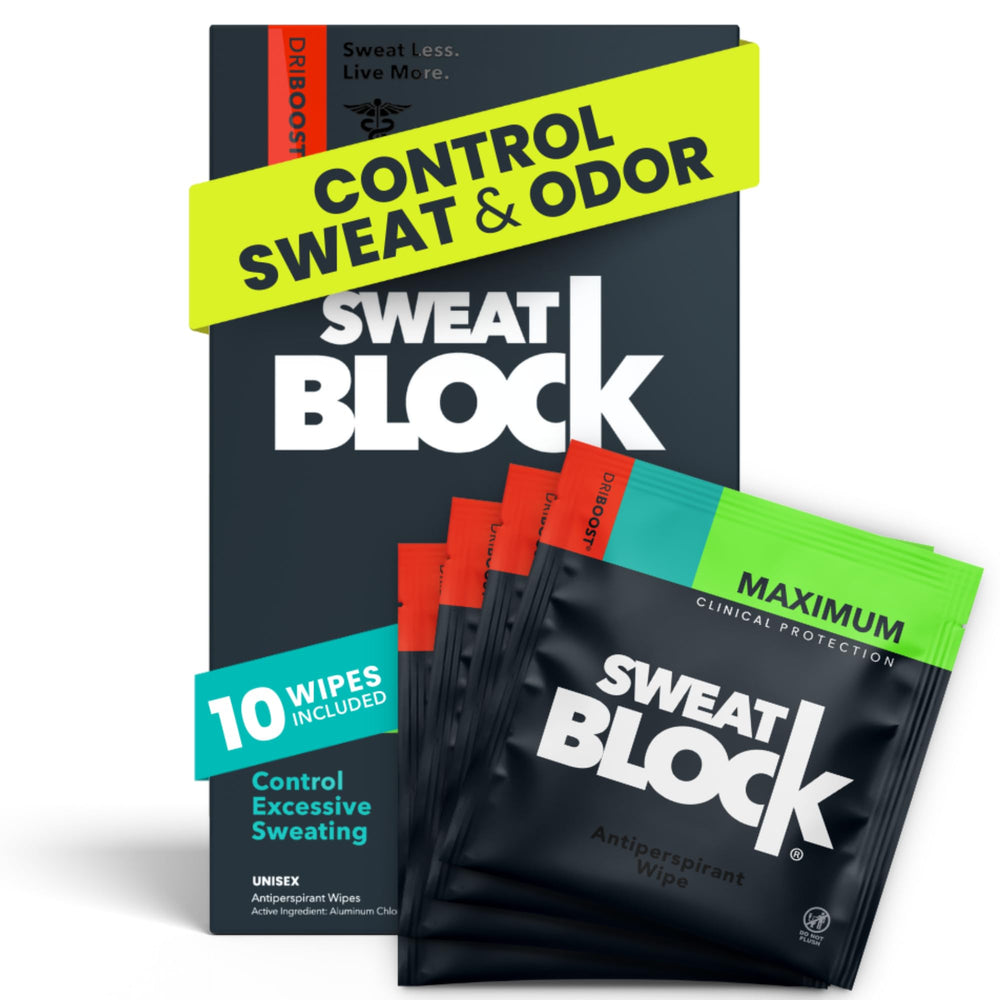 SweatBlock clinical-strength wipes packaging on a bathroom counter.