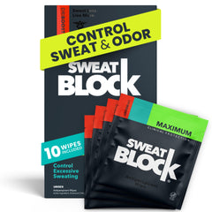SweatBlock clinical-strength wipes packaging on a bathroom counter.