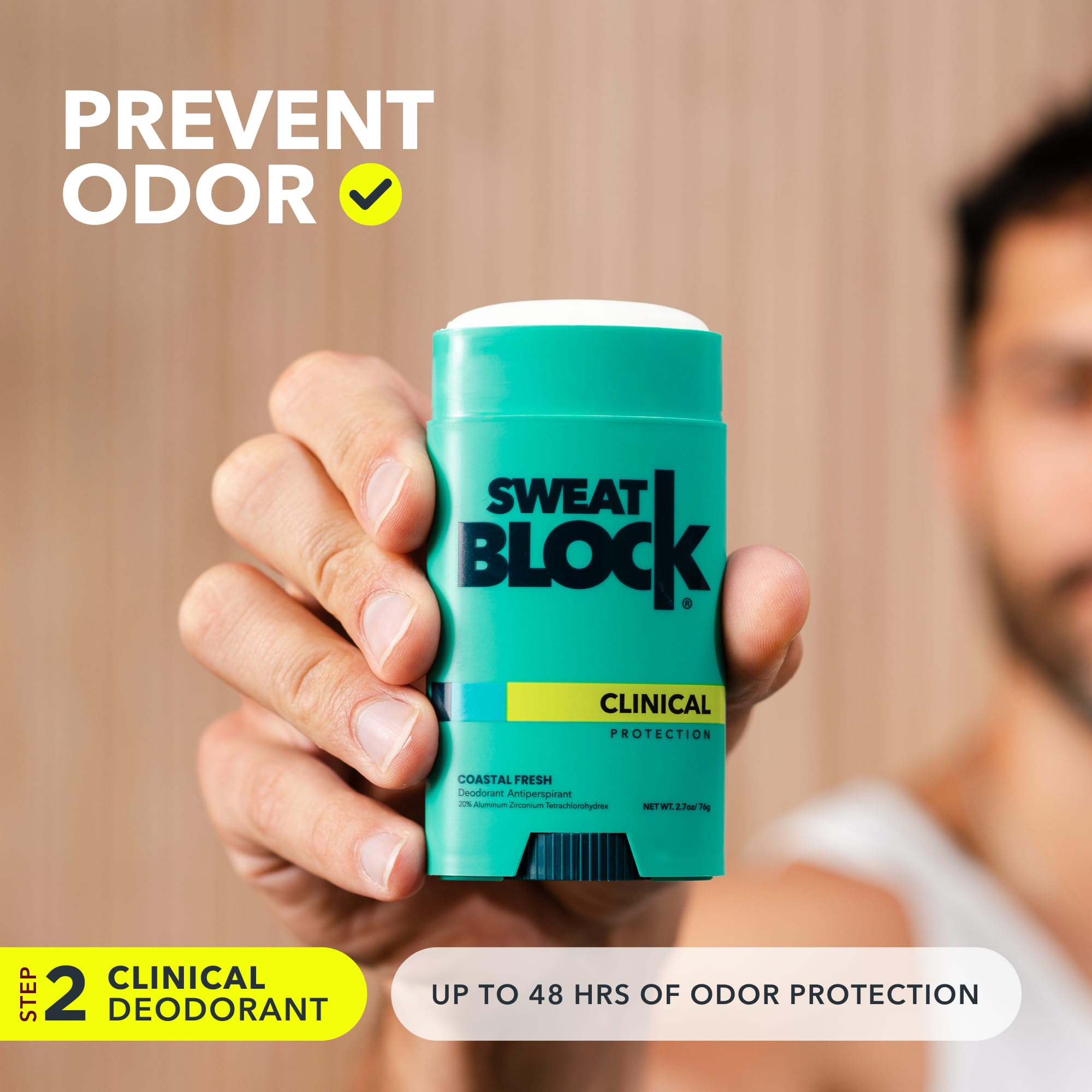 SweatBlock daytime deodorant stick providing all-day odor control.
