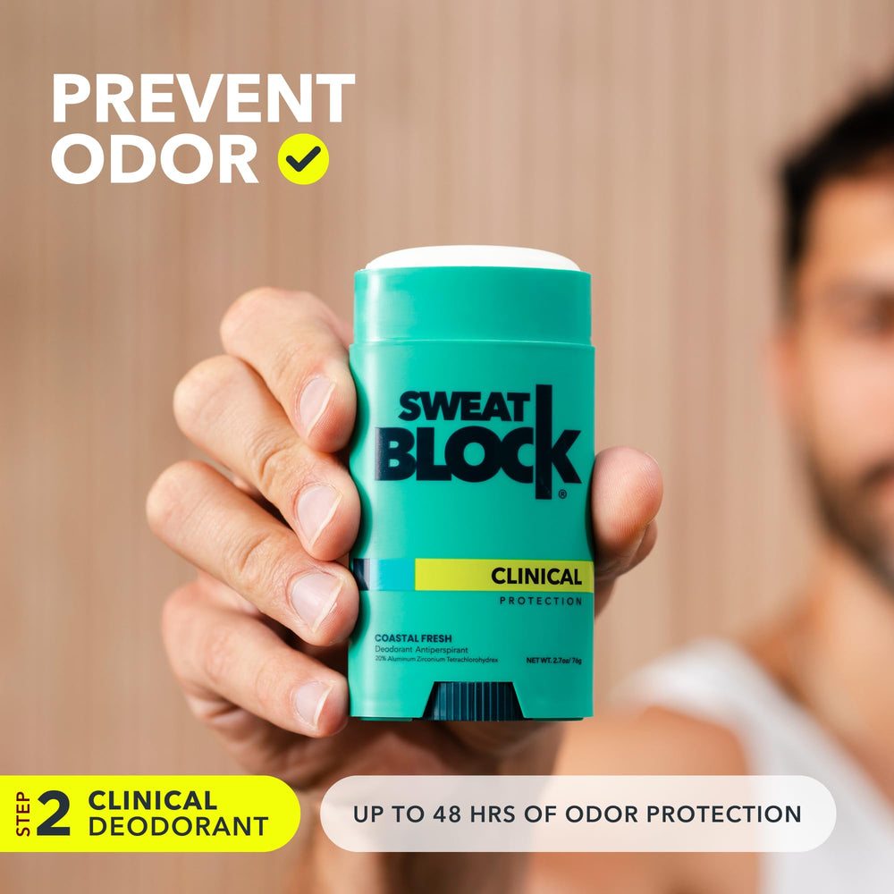 SweatBlock daytime deodorant stick providing all-day odor control.