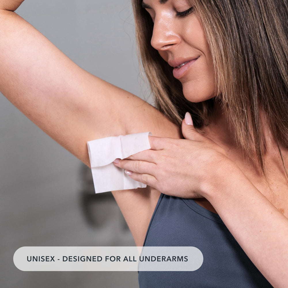Dermatologist-tested SweatBlock formula shown in clinical context.